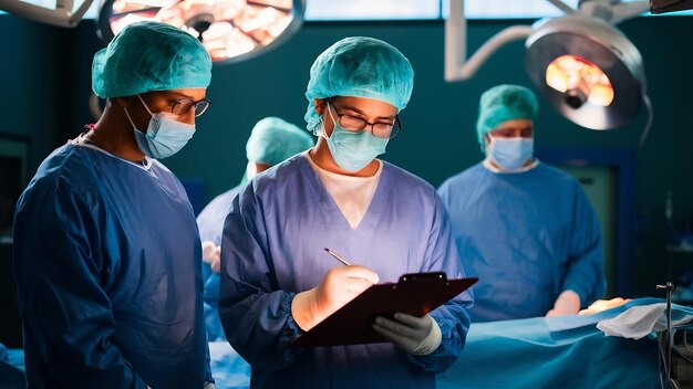 Photo surgeon writing on clipboard in operation room anaesthesiologist writing the updates