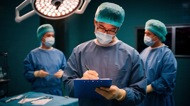 Photo surgeon writing on clipboard in operation room anaesthesiologist writing the updates