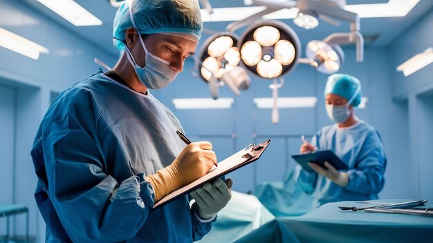 Photo surgeon writing on clipboard in operation room anaesthesiologist writing the updates