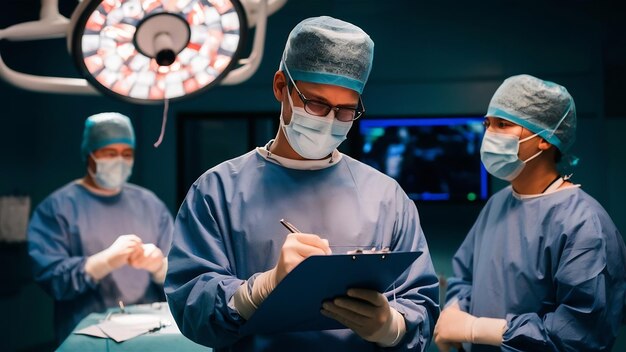 Photo surgeon writing on clipboard in operation room anaesthesiologist writing the updates