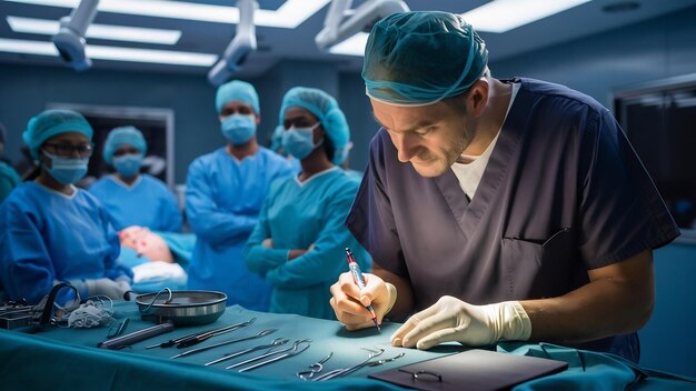 Surgeon writing down some operation notes