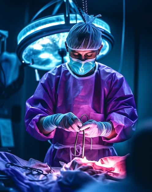 Surgeons in operating room take with art lighting and blue filter ai generated