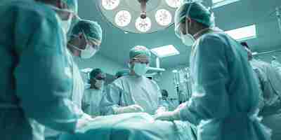 Photo surgeons in an operating room with a blue background