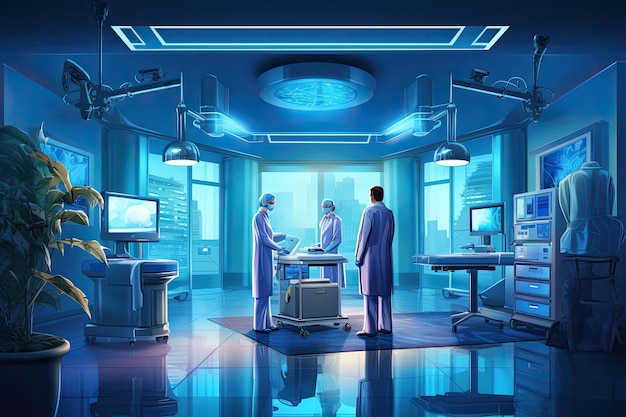 Хирурги в операционной с хирургическим оборудованием 3D-рендеринг Медицинский врач хирург команды скорой помощи и анестезиолог на фоне медицинской клиники AI Generated