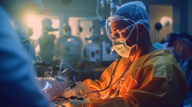 Хирурги выполняют операцию в операционной комнате тонированное изображение с мелкой глубиной поля генеративная ai