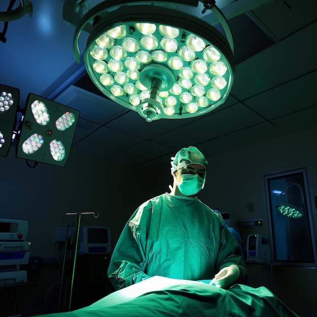 Photo surgeons performing surgery in modern operating room with advanced lighting medical team in action