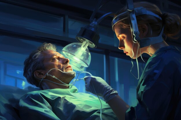 병원 수술실에서 환자에게 수술을 수행하는 외과의사 의료 배경 의사와 수술용 모니터가 있는 산소 마스크를 착용한 환자