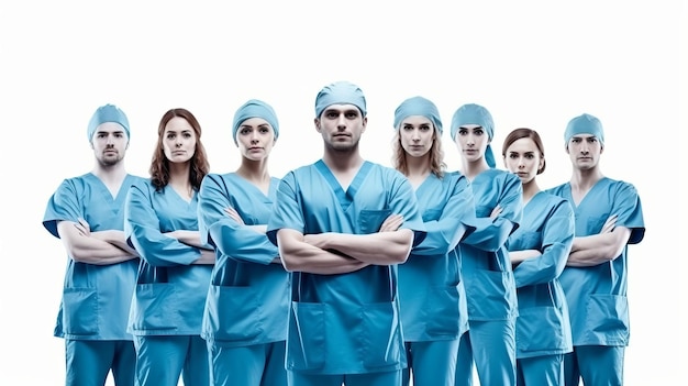 Surgeons team uniform arms crossed isolated on white