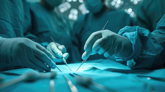 surgery medicine and people concept close up of surgeons hands with scalpel at operation in operating room at hospital