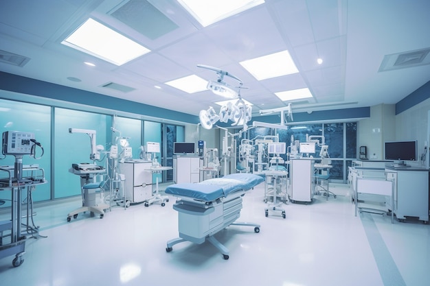 A surgical operating room with bright lights and equipment medical facilities Generative AI