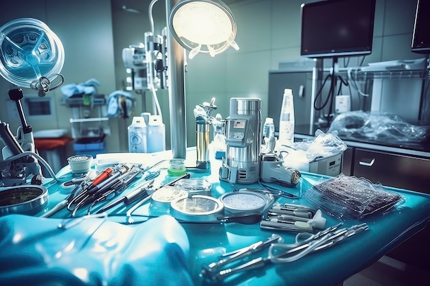 Хирургический кабинет со столом с оборудованием и оборудованием, включая хирургическую маску.