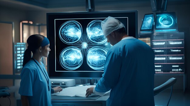 脳外科医 の 助言 を テレビ の 画面 で レビュー し て いる 手術 チーム