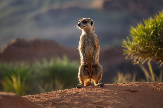 Foto suricate che guarda intorno sulle zampe posteriori suricata suricatta