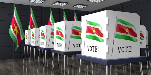 Surinaams stembureau met veel stemhokjes verkiezingsconcept 3D illustratie