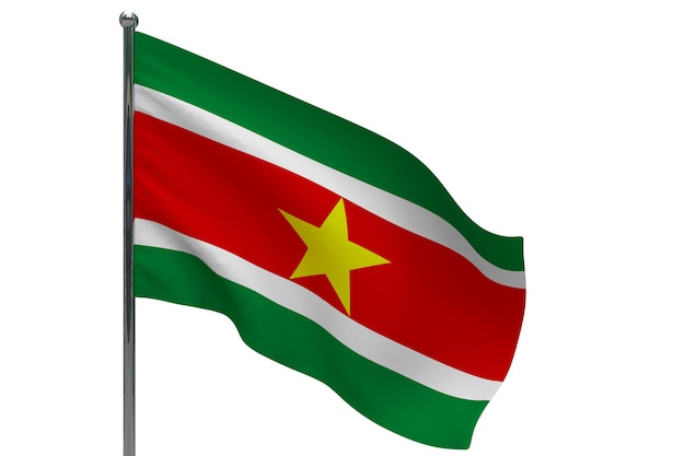 Suriname flag on pole. Metal flagpole. National flag of Suriname 3D illustration on white