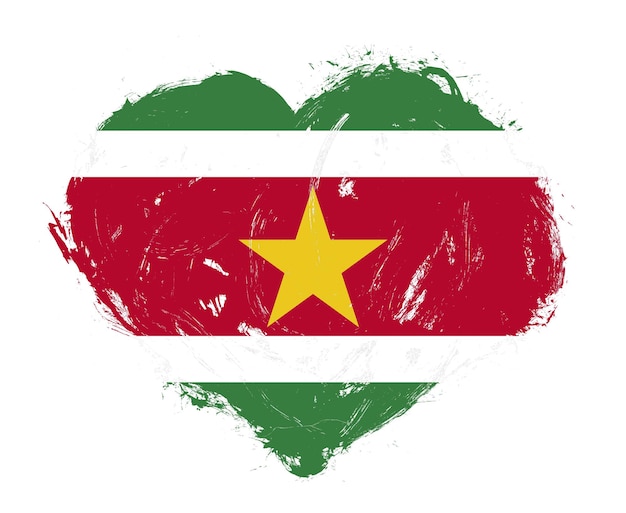 Suriname flag in stroke brush heart shape on white background