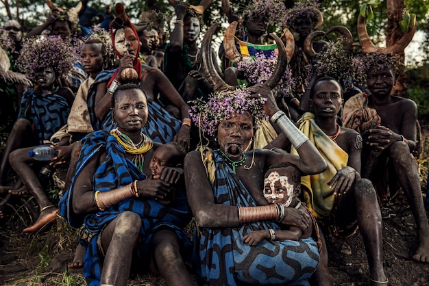 Surmi tribe with traditional dress Suri or Surma live in Omo Valley Omo National Park of Ethiopia