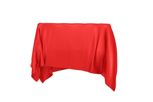 Surprise, Award or Prize Concept. Hidden Object Covered with Red Silk Cloth on a white background. 3d Rendering