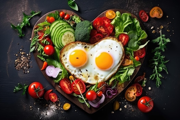 Surprise breakfast for wife or girlfriend with heart shaped fried eggs avocado vegetables coffee and