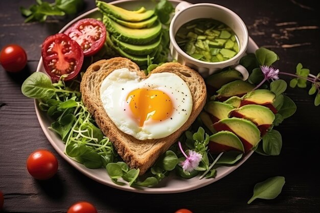 Surprise breakfast for wife or girlfriend with heart shaped fried eggs avocado vegetables coffee and