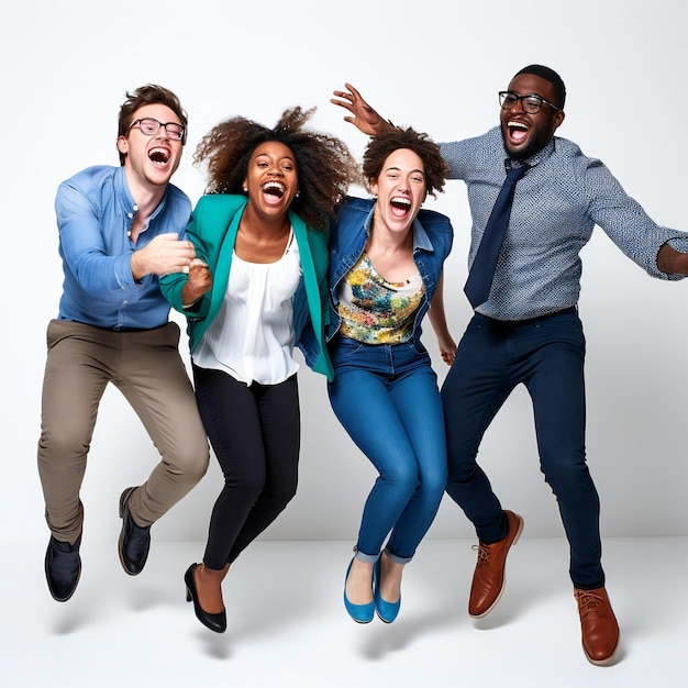 Photo surprise ecstatic and joy amazed group of multi racial people jumping happy social media promotion