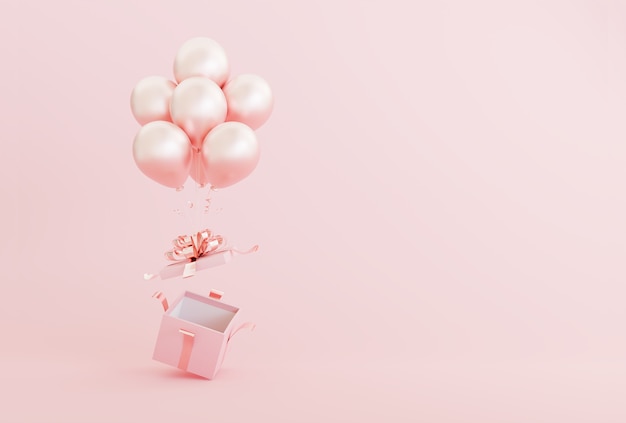 Surprise gift box and balloons on pink background with copy space