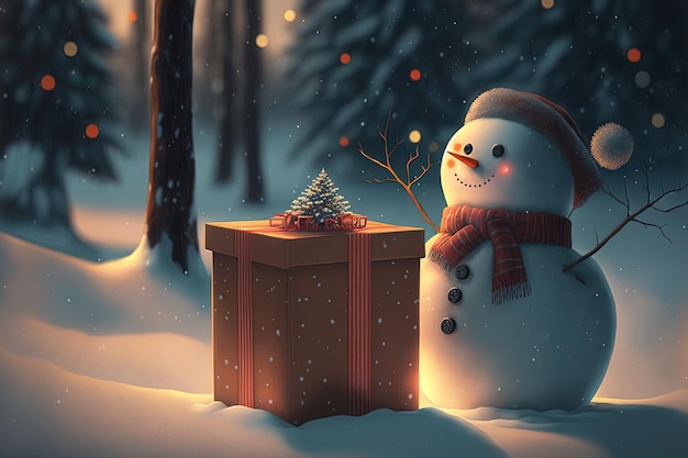 Surprise gift box kerstcadeautjes en een sneeuwpop onder de boom