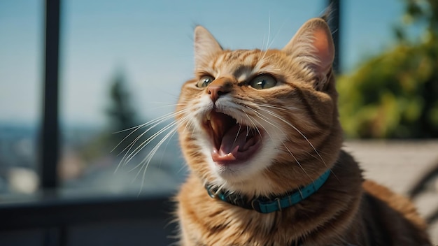 驚きの猫 ガラスをかぶった可愛い猫 ぼんやりした背景でセルフィーを撮る猫