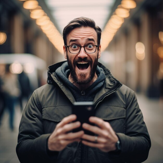 Photo surprise man and he open his mouth and look at phone isolated