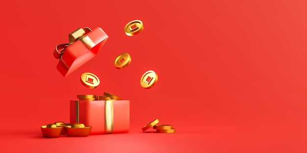 Contenitore di regalo rosso di sorpresa con il rendering 3d del regalo aperto del buon anno cinese dei soldi dell'oro