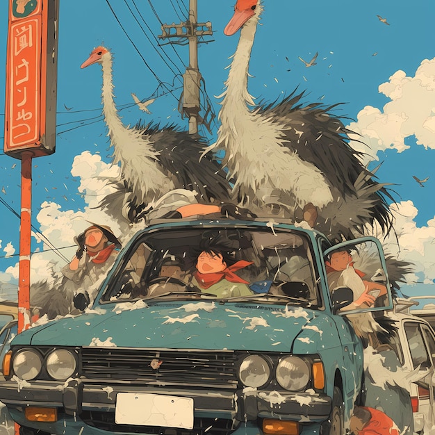 Photo surprise sightseeing ostriches on a car