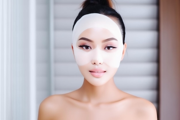 Surprise Very Attractive Asian Woman Short Haircut Blond Hair In Mask On Face In Spa Beauty Salon