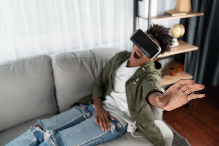Photo surprised african american looking vr leaning back by touching air contrivance