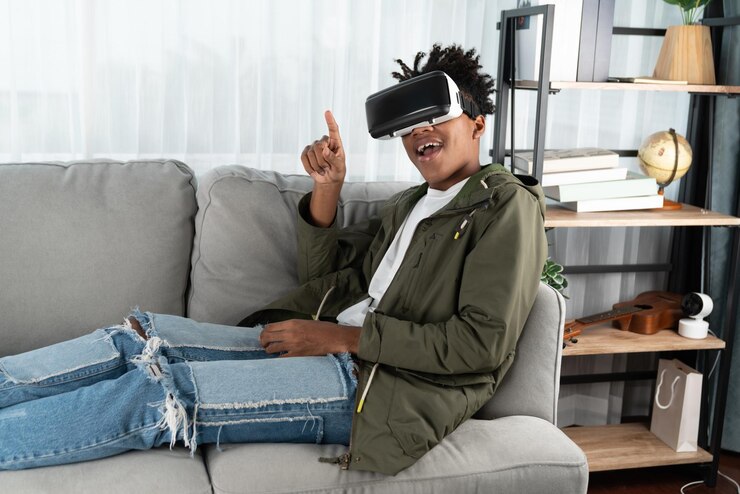 Photo surprised african american looking vr leaning back by touching air contrivance
