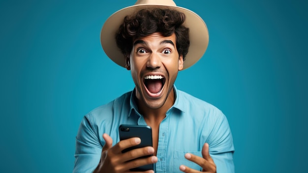 Photo surprised african american man in hat and blue shirt using smartphone on blue background