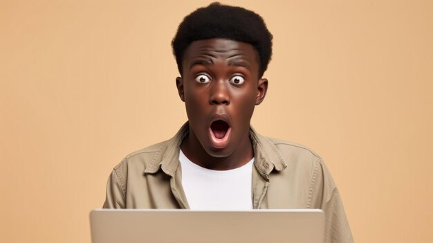 Surprised African teen guy advertising wow offer Amazed ethnic teenager student man feeling shocked isolated on beige background copy space