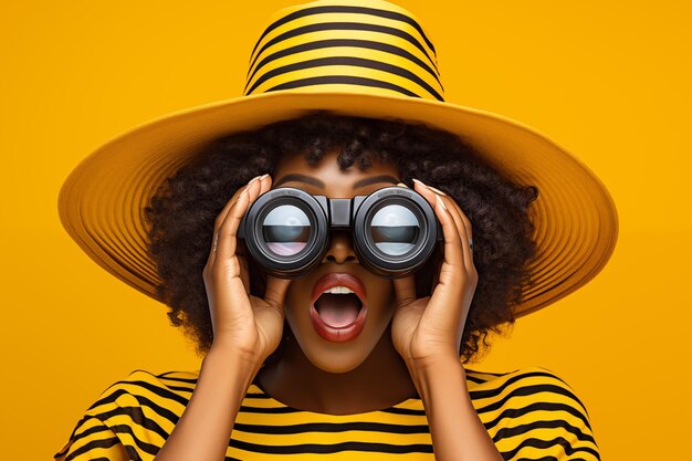 Surprised african woman looking through binoculars isolated on yellow background