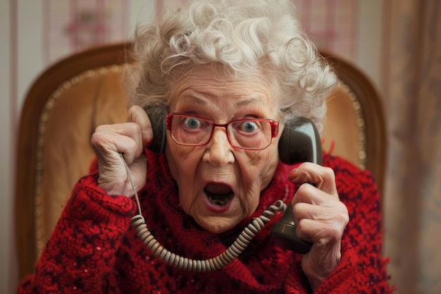 Photo surprised aged woman with telephone