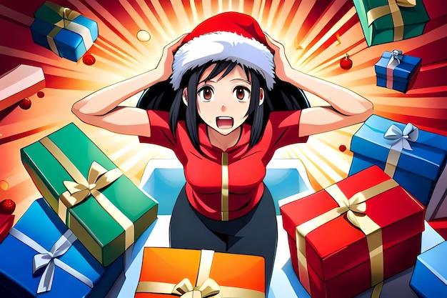 Foto ragazza anime sorpresa con cappello di babbo natale e molti regali di natale in scatole illustrazione generativa di ai