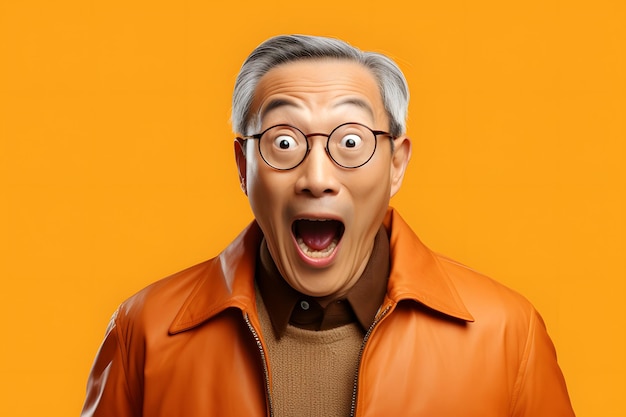 Surprised asian man on yellow background neural network generated photorealistic image