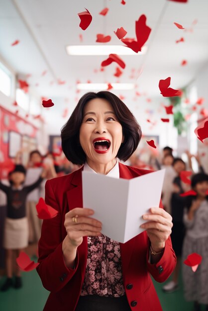 Удивленная азиатская учительница с карточкой Валентина против класса