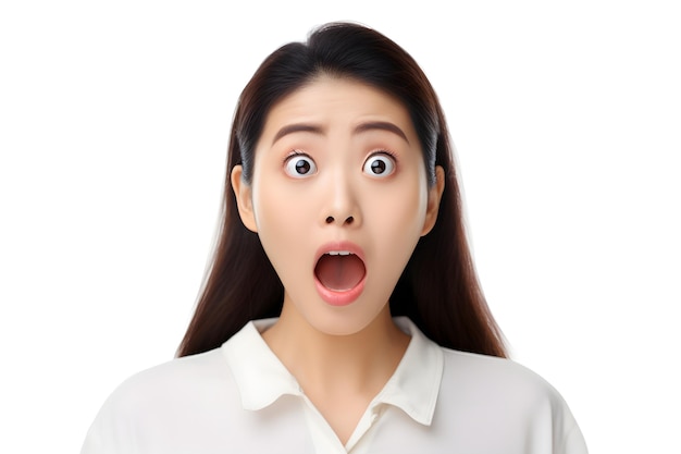 Surprised asian young adult woman on white background neural network generated photorealistic image