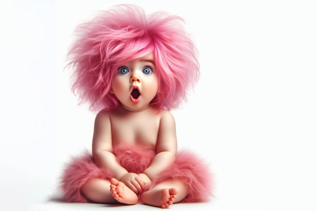 Фото Удивленный ребенок с пушистыми ярко-розовыми волосами, изолированными на белом фоне, копирует пространство