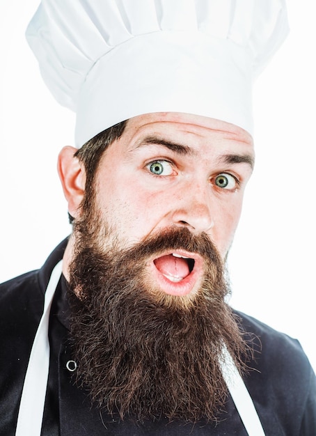 Surprised bearded chef in uniform cooking emotions portrait of professional male cook or baker