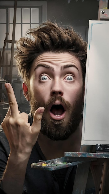Photo surprised bearded young male with eyes popped out has astonished expression points aside at blank