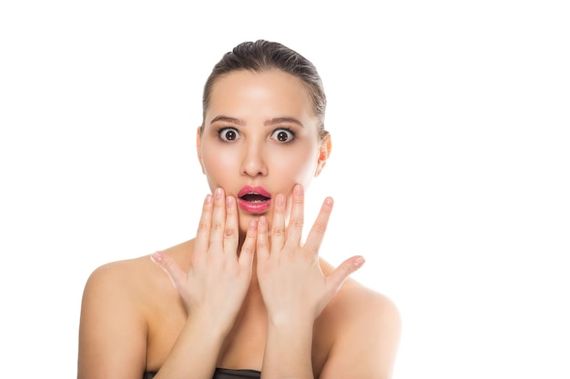 Surprised beautiful woman on white background. Perfect fresh skin. Youth and Skin Care Concept.