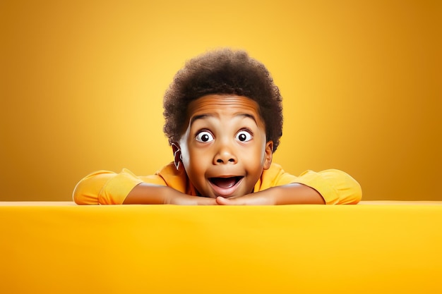 Surprised boy looking at camera over yellow background portrait of surprised child