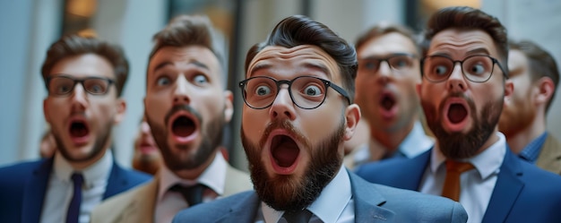 Surprised businessmen react to an unexpected revelation mouths agape in awe Concept Office Surprise Unexpected Revelation Businessman39s Reaction Awe and Amazement Surprised Expressions