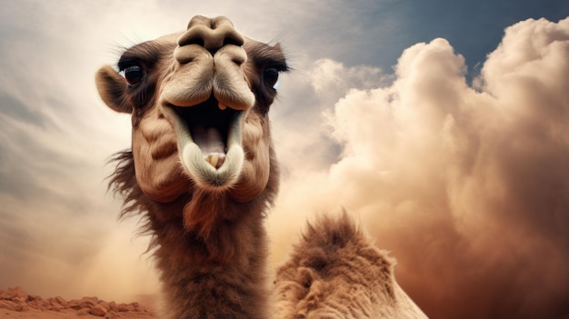 Photo surprised camel with wide open mouth