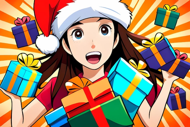 Foto ragazza dei cartoni animati sorpresa con un sacco di regali di natale in scatole in stile anime ai generativa